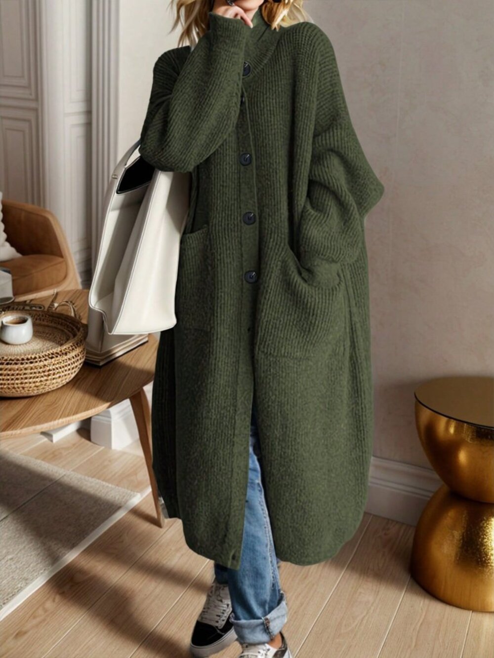 Army Green Casual Women's Plain Pocket Accent V-Neck Long Sleeve Knit Cardigan